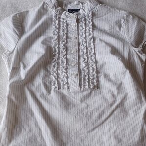 Twik white/black pinstripe ruffle-front cap-sleeve dress shirt (NWOT)